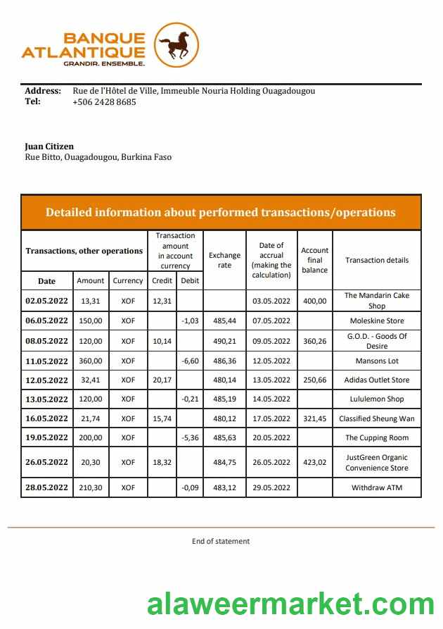 Burkina Faso Banque Atlantique bank statement